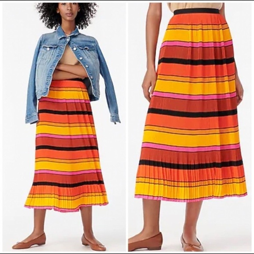 J.Crew accordion Pleated Stripe Midi Skirt Orange Yellow Pink Ruffle‎ Hem Sz 6